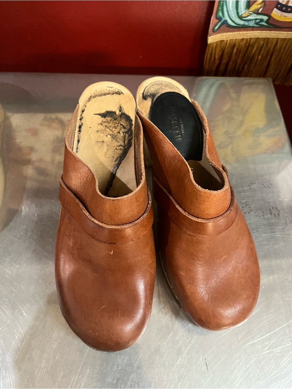 Swedish Hadbeens womens Brown Leather Slip-On Clogs